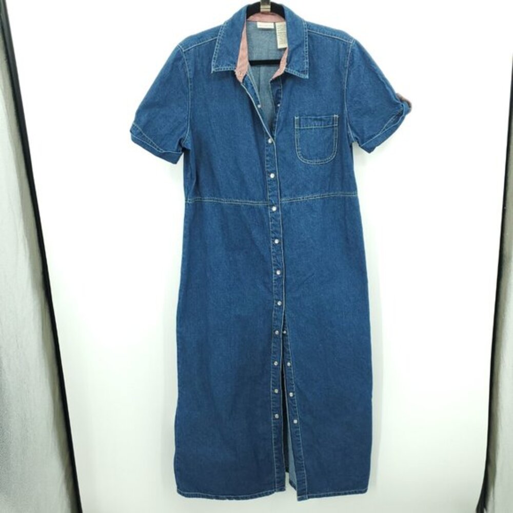 White Stag Denim Short Sleeve Snap Front Midi Dress L Blue